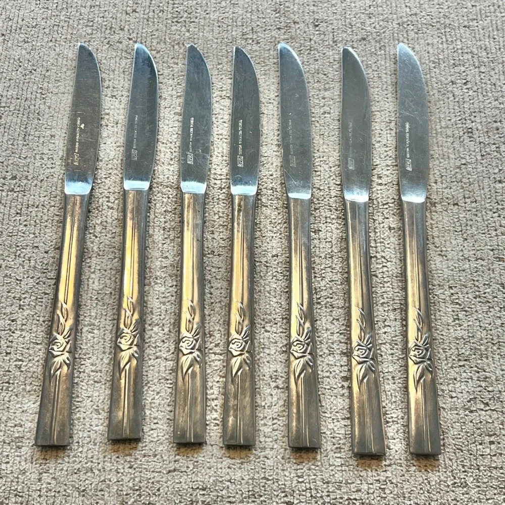 Epic Custom Stainless Rose Floral Table Knives Set of 7 Vintage Flatware